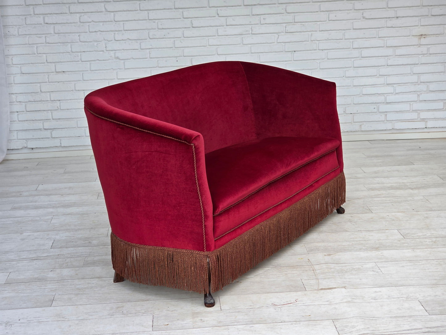 1960s, Danish 2-seater sofa, red furniture velour, ash wood legs.
