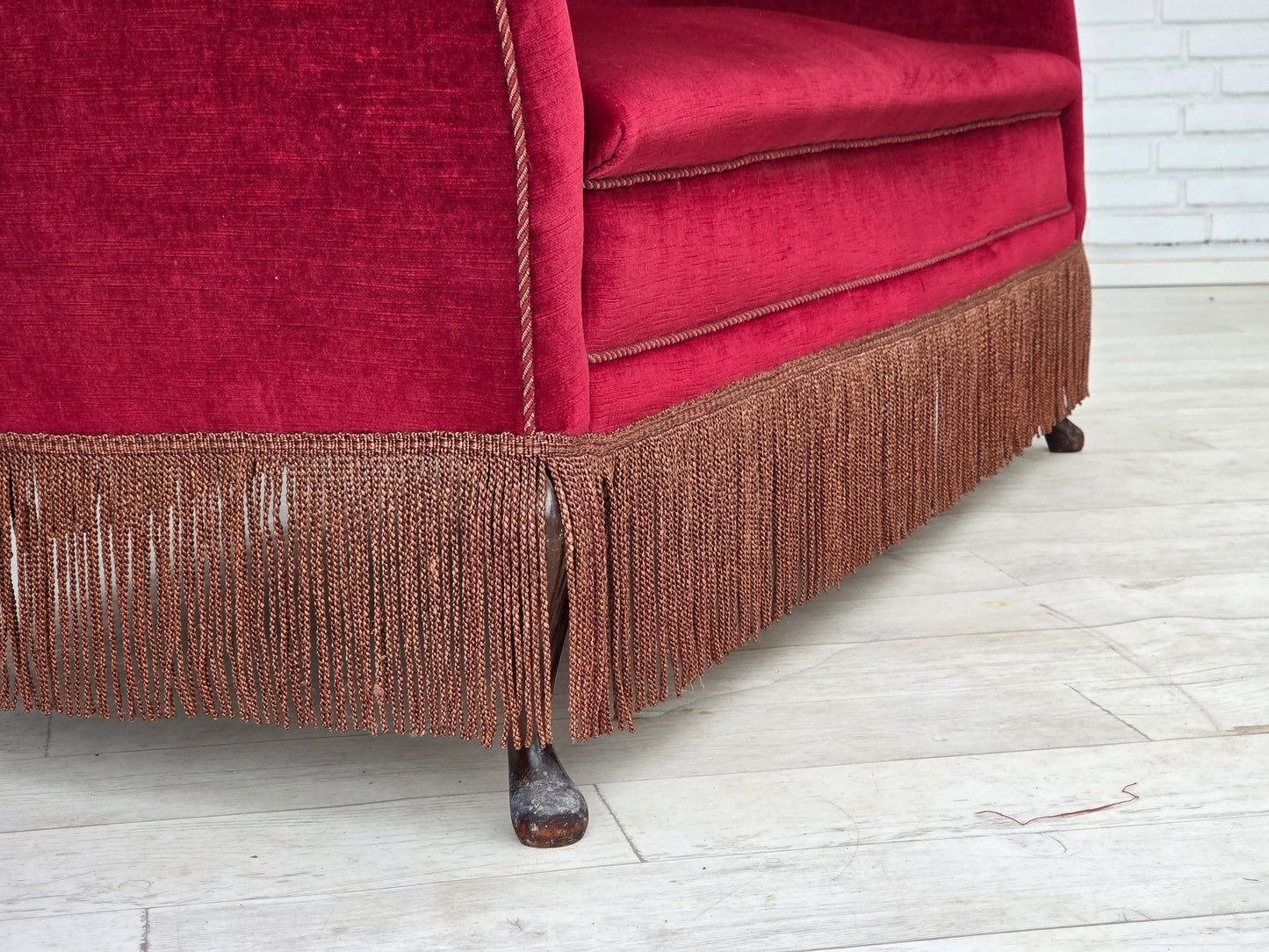 1960s, Danish 2-seater sofa, red furniture velour, ash wood legs.