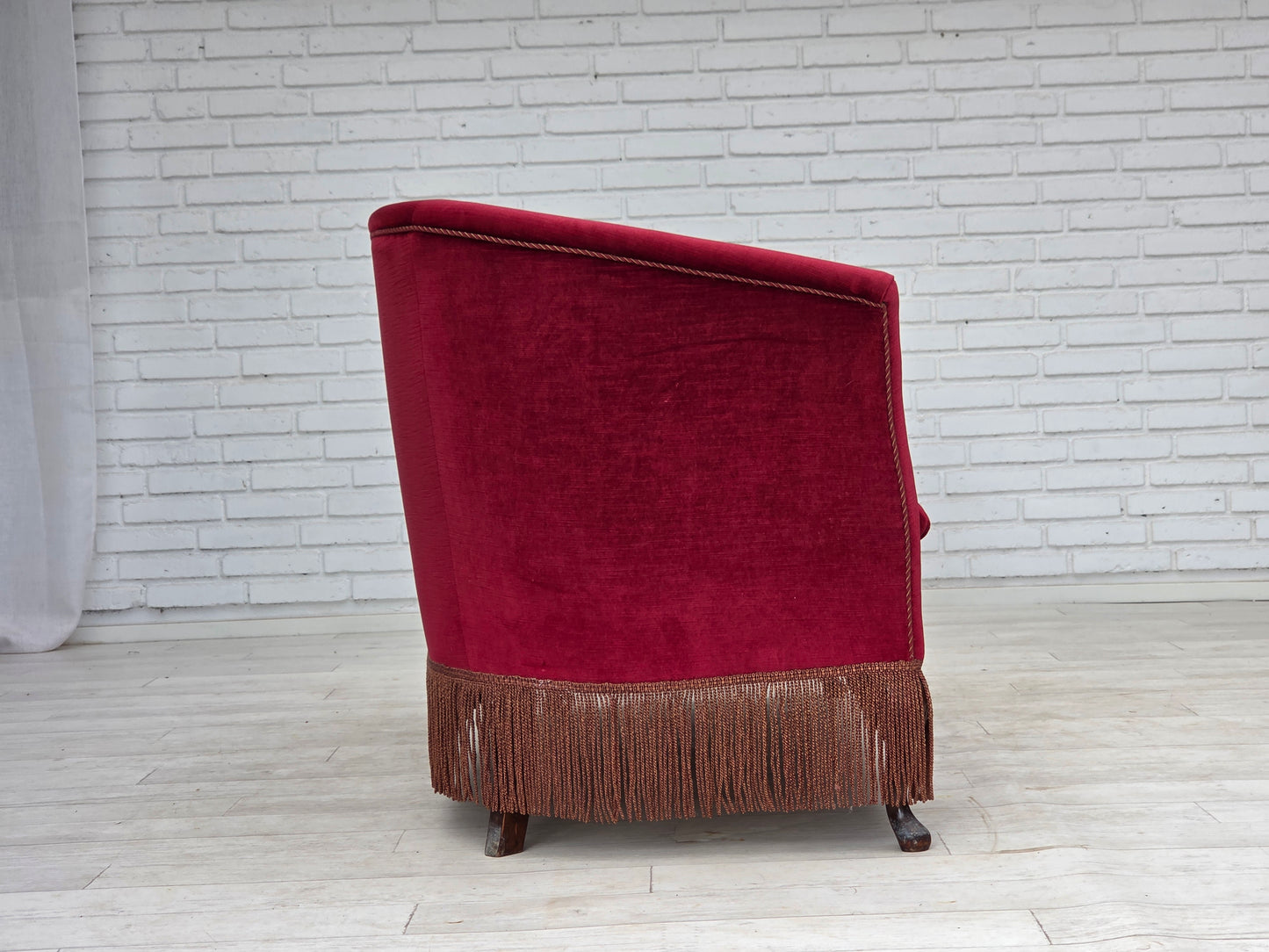 1960s, Danish 2-seater sofa, red furniture velour, ash wood legs.
