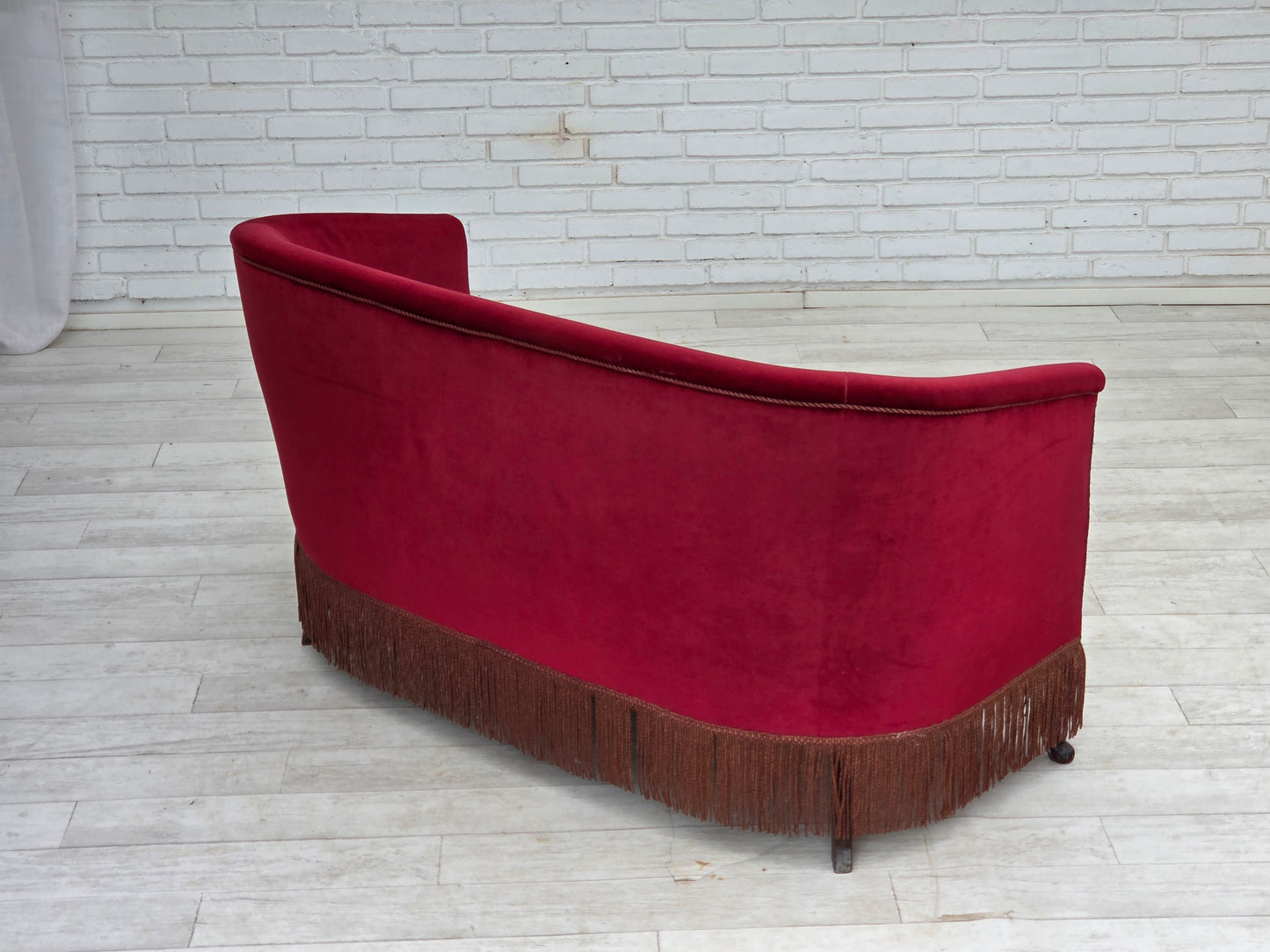 1960s, Danish 2-seater sofa, red furniture velour, ash wood legs.