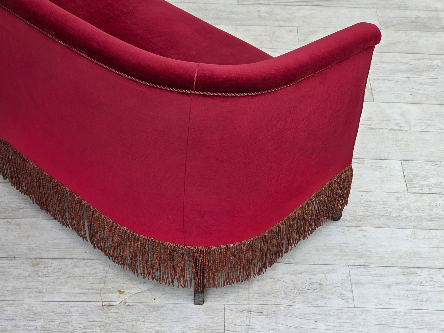 1960s, Danish 2-seater sofa, red furniture velour, ash wood legs.