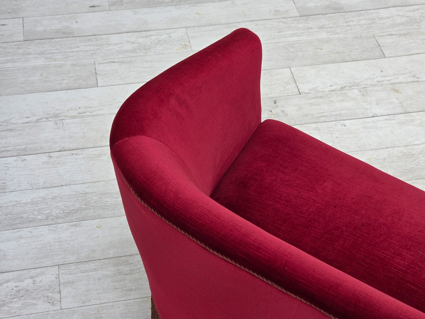 1960s, Danish 2-seater sofa, red furniture velour, ash wood legs.