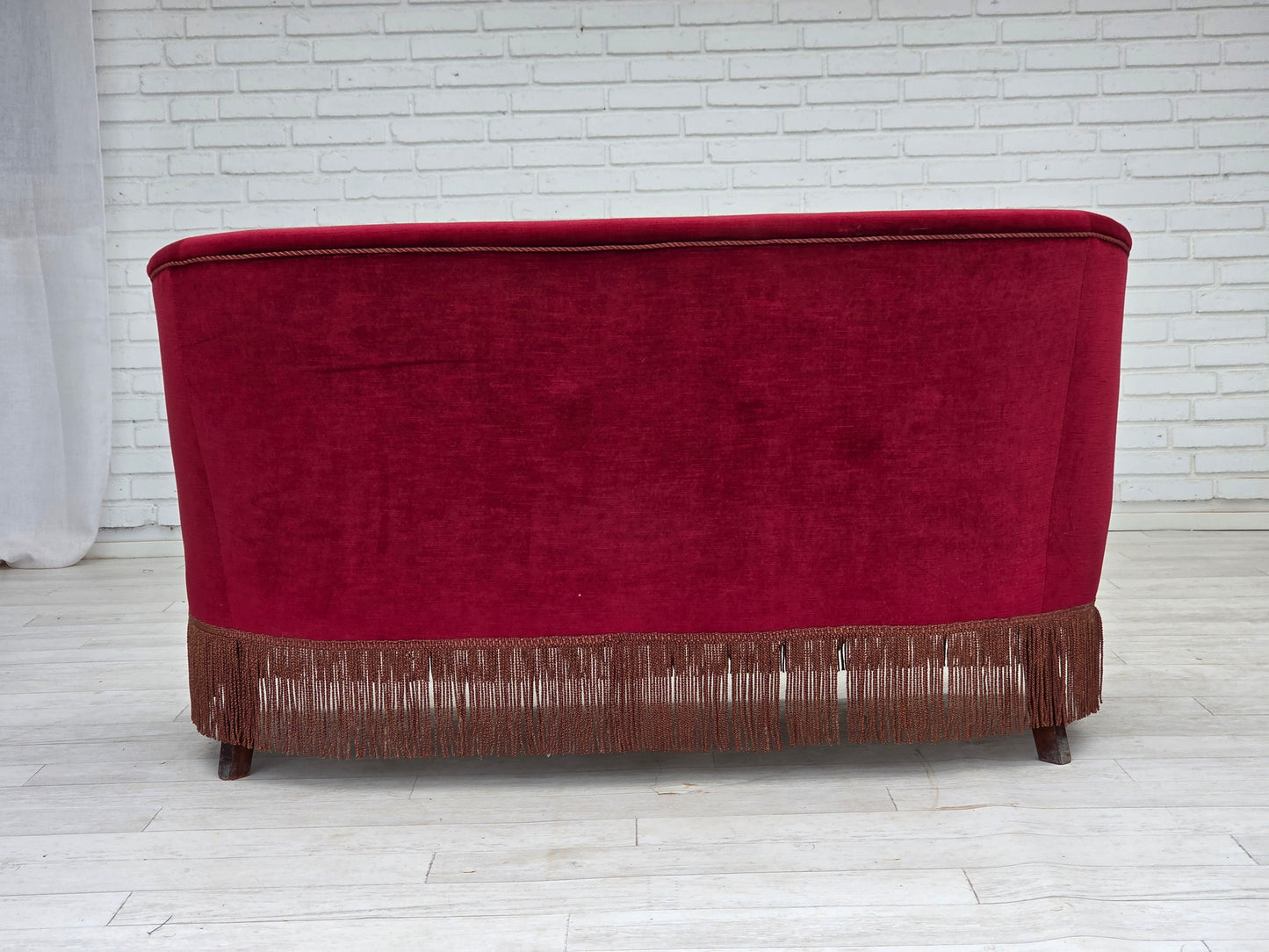 1960s, Danish 2-seater sofa, red furniture velour, ash wood legs.