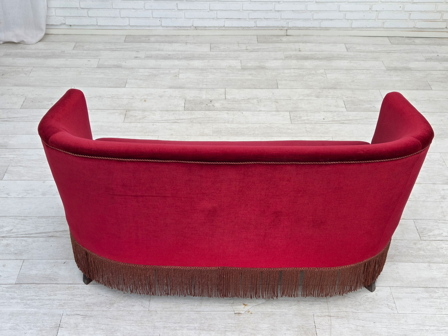 1960s, Danish 2-seater sofa, red furniture velour, ash wood legs.