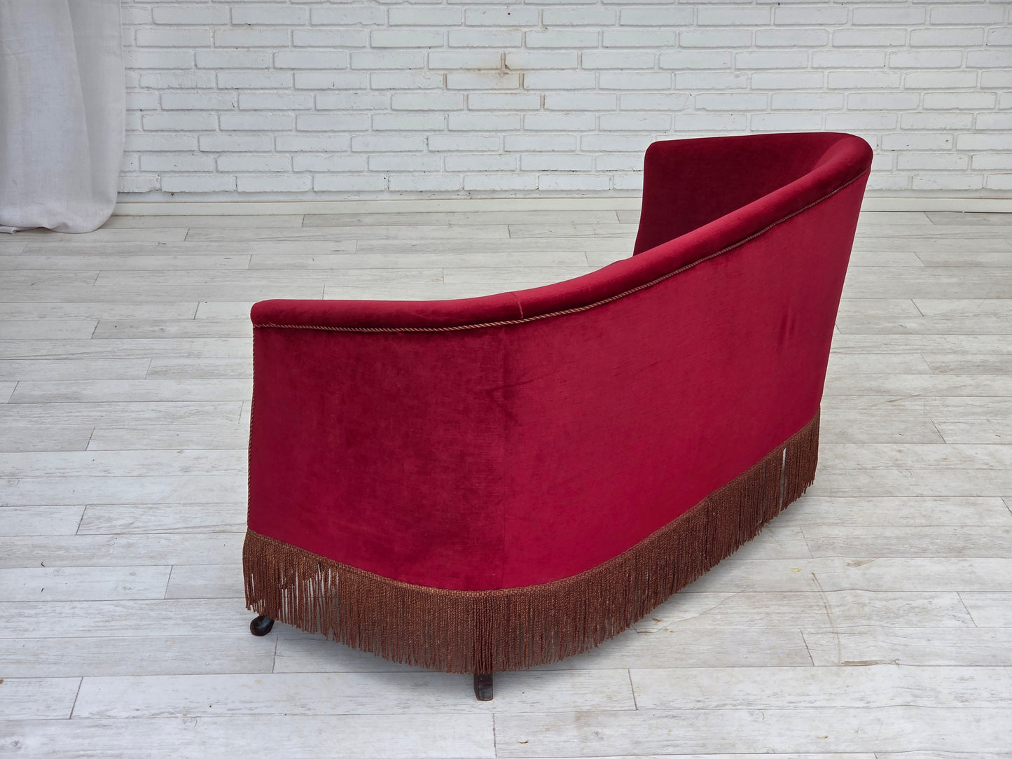 1960s, Danish 2-seater sofa, red furniture velour, ash wood legs.