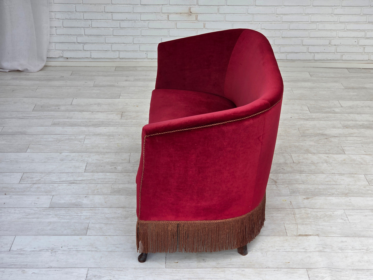 1960s, Danish 2-seater sofa, red furniture velour, ash wood legs.