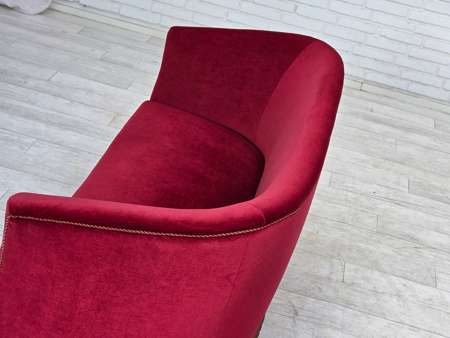 1960s, Danish 2-seater sofa, red furniture velour, ash wood legs.