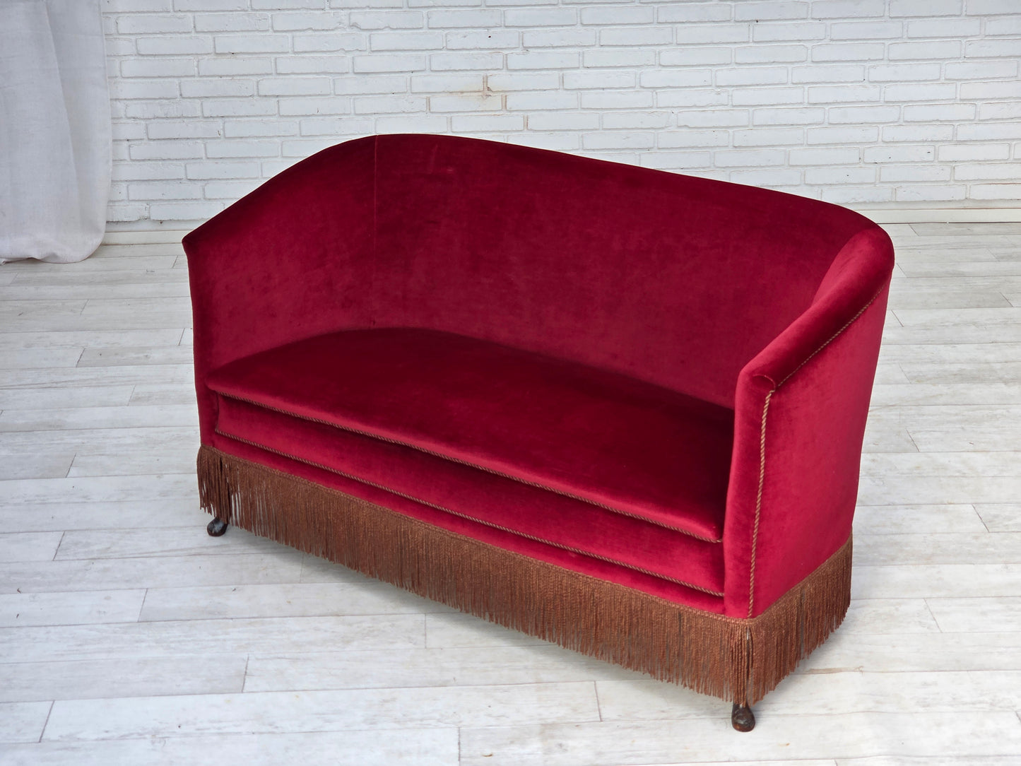 1960s, Danish 2-seater sofa, red furniture velour, ash wood legs.