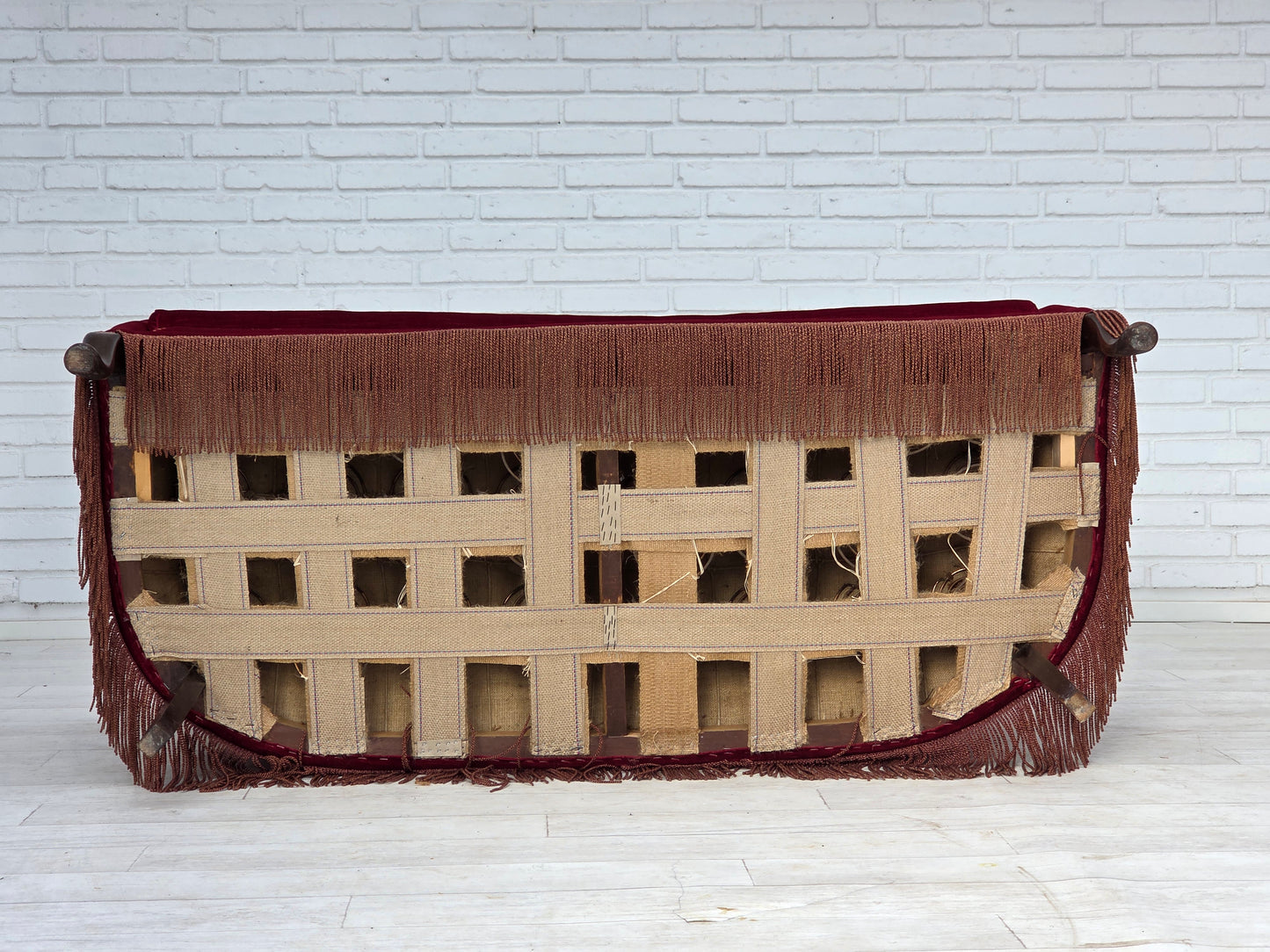 1960s, Danish 2-seater sofa, red furniture velour, ash wood legs.