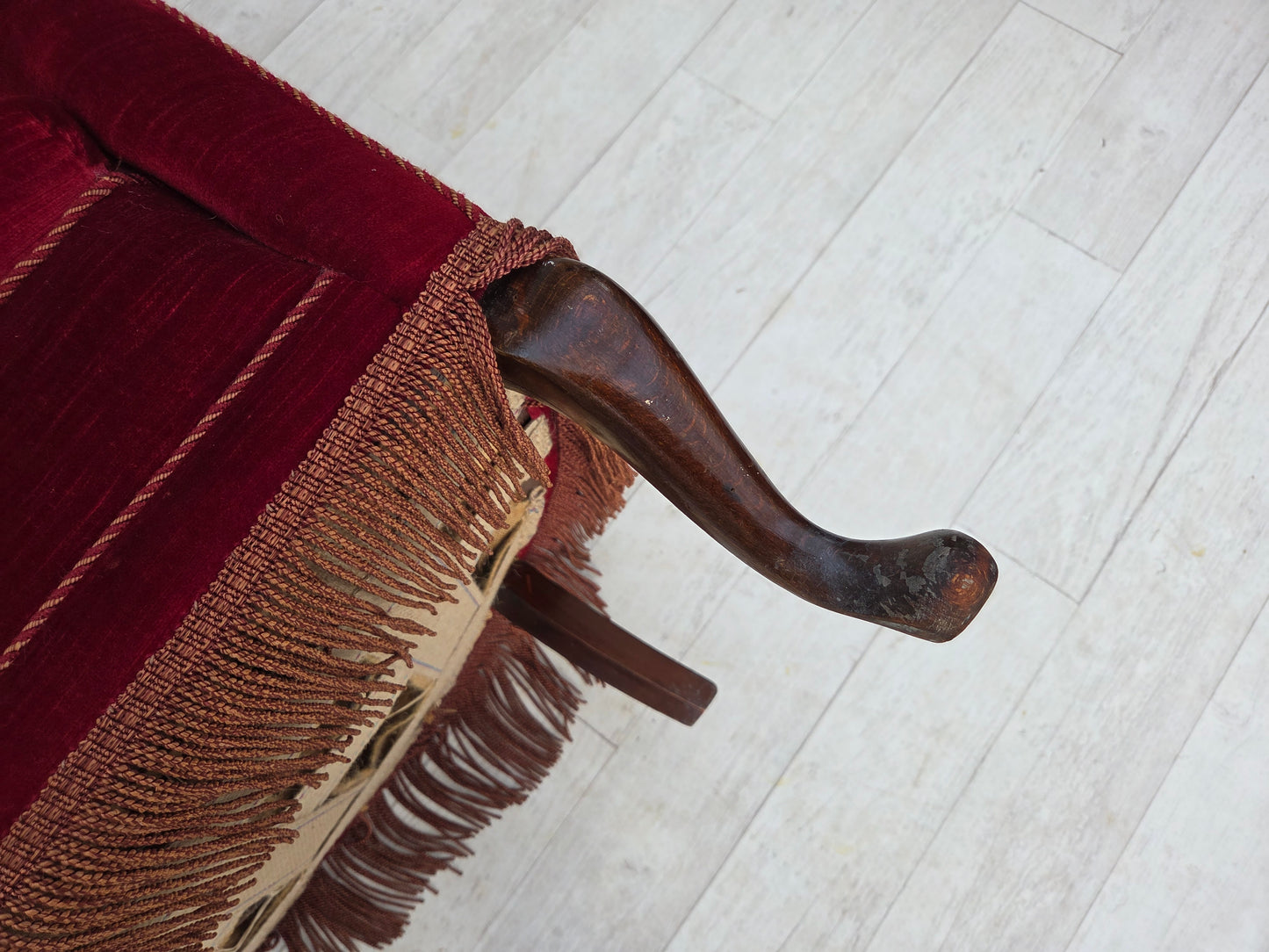 1960s, Danish 2-seater sofa, red furniture velour, ash wood legs.