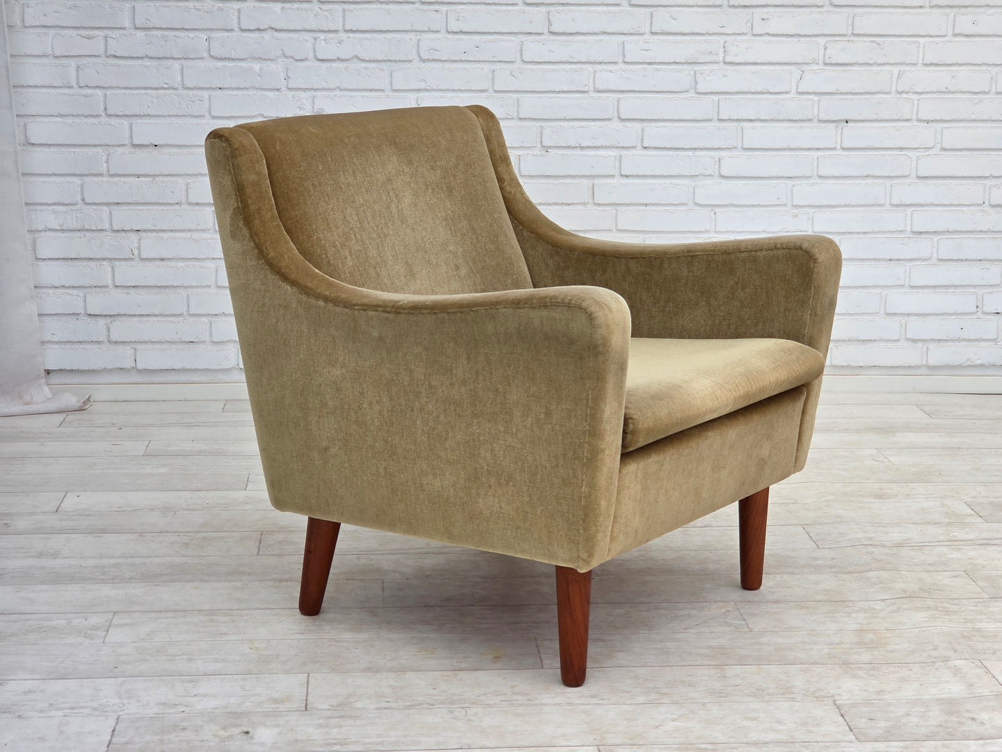 1970s, Danish armchair, original green furniture velour, teak wood legs.