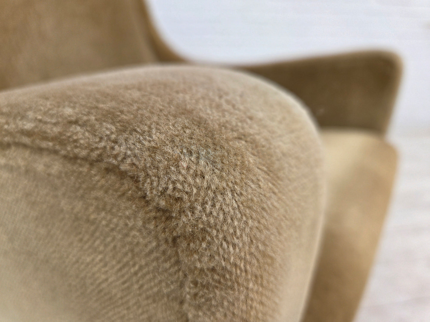 1970s, Danish armchair, original green furniture velour, teak wood legs.