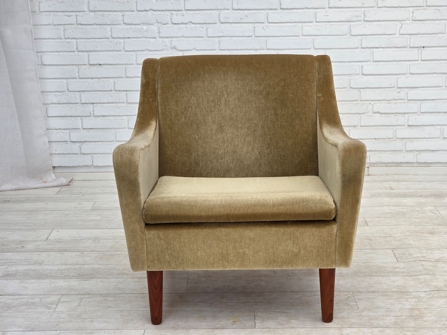 1970s, Danish armchair, original green furniture velour, teak wood legs.