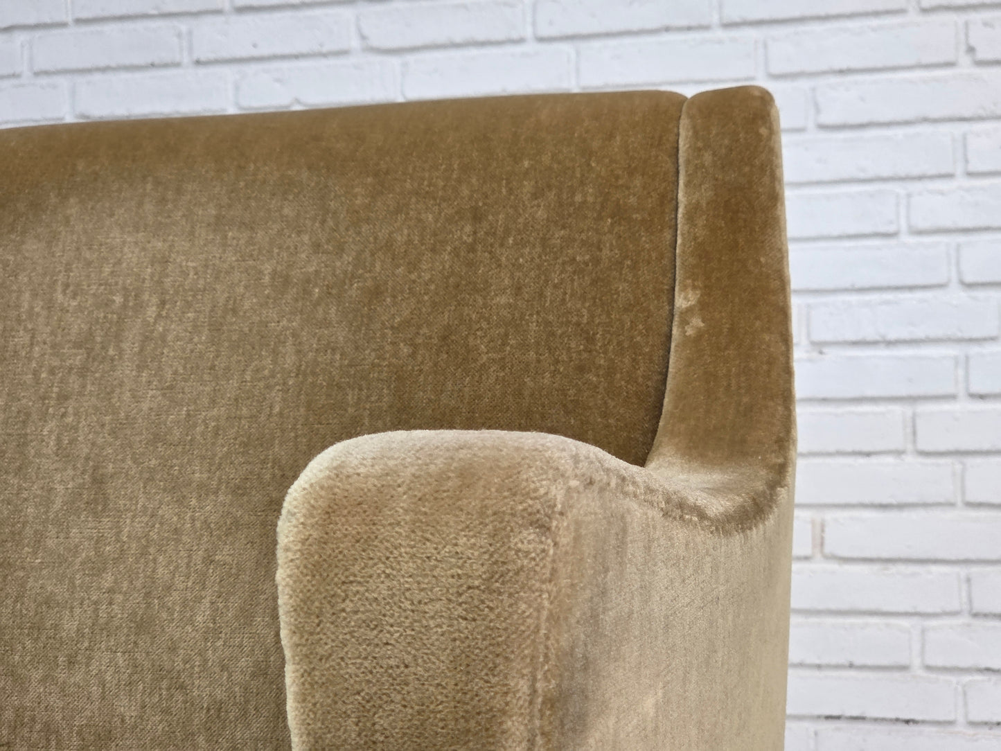 1970s, Danish armchair, original green furniture velour, teak wood legs.