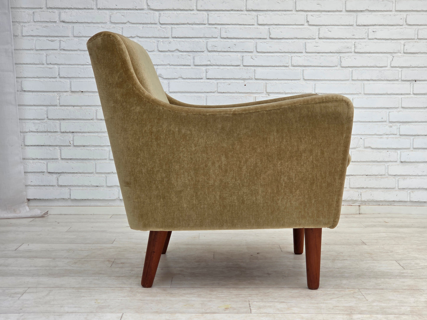 1970s, Danish armchair, original green furniture velour, teak wood legs.