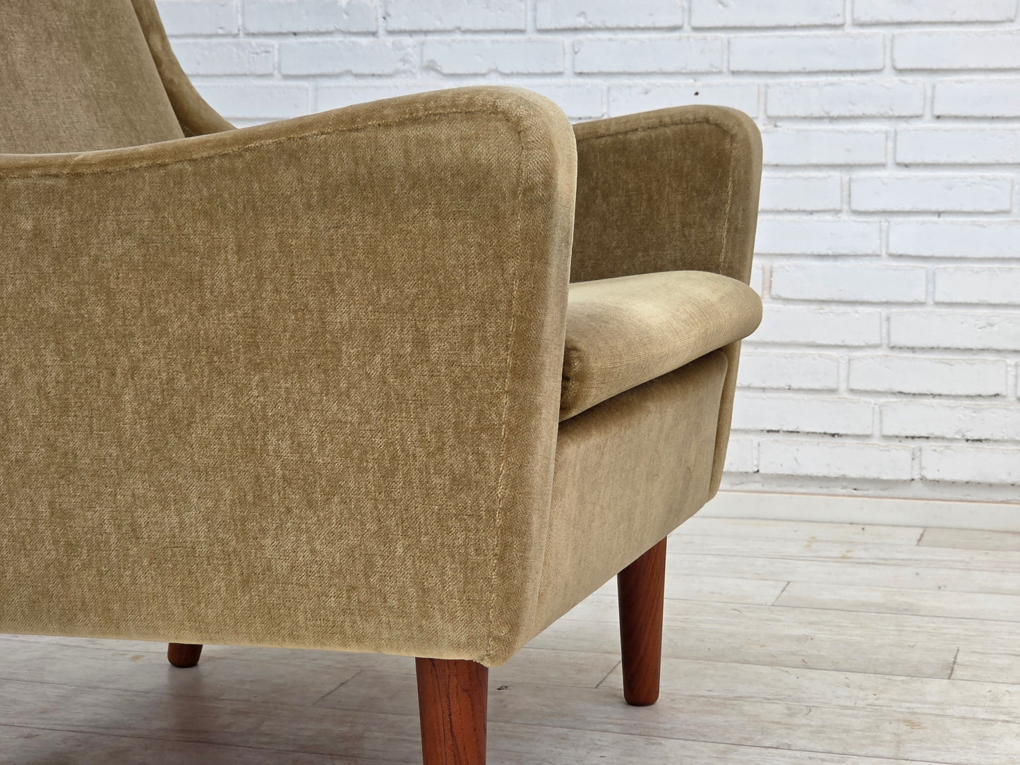 1970s, Danish armchair, original green furniture velour, teak wood legs.
