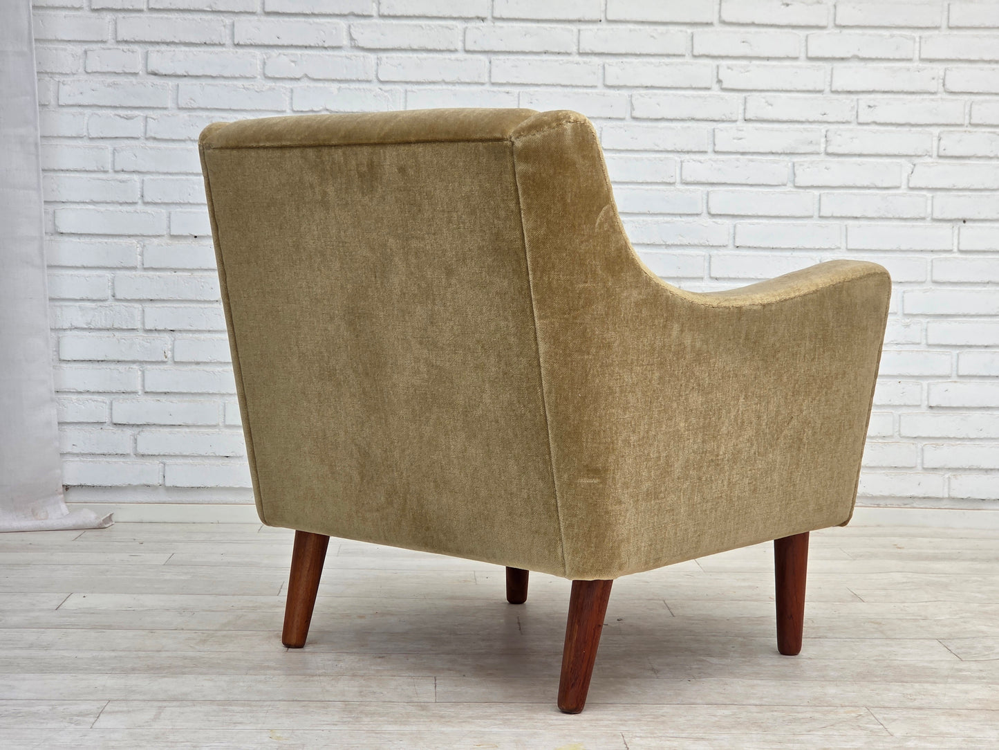 1970s, Danish armchair, original green furniture velour, teak wood legs.