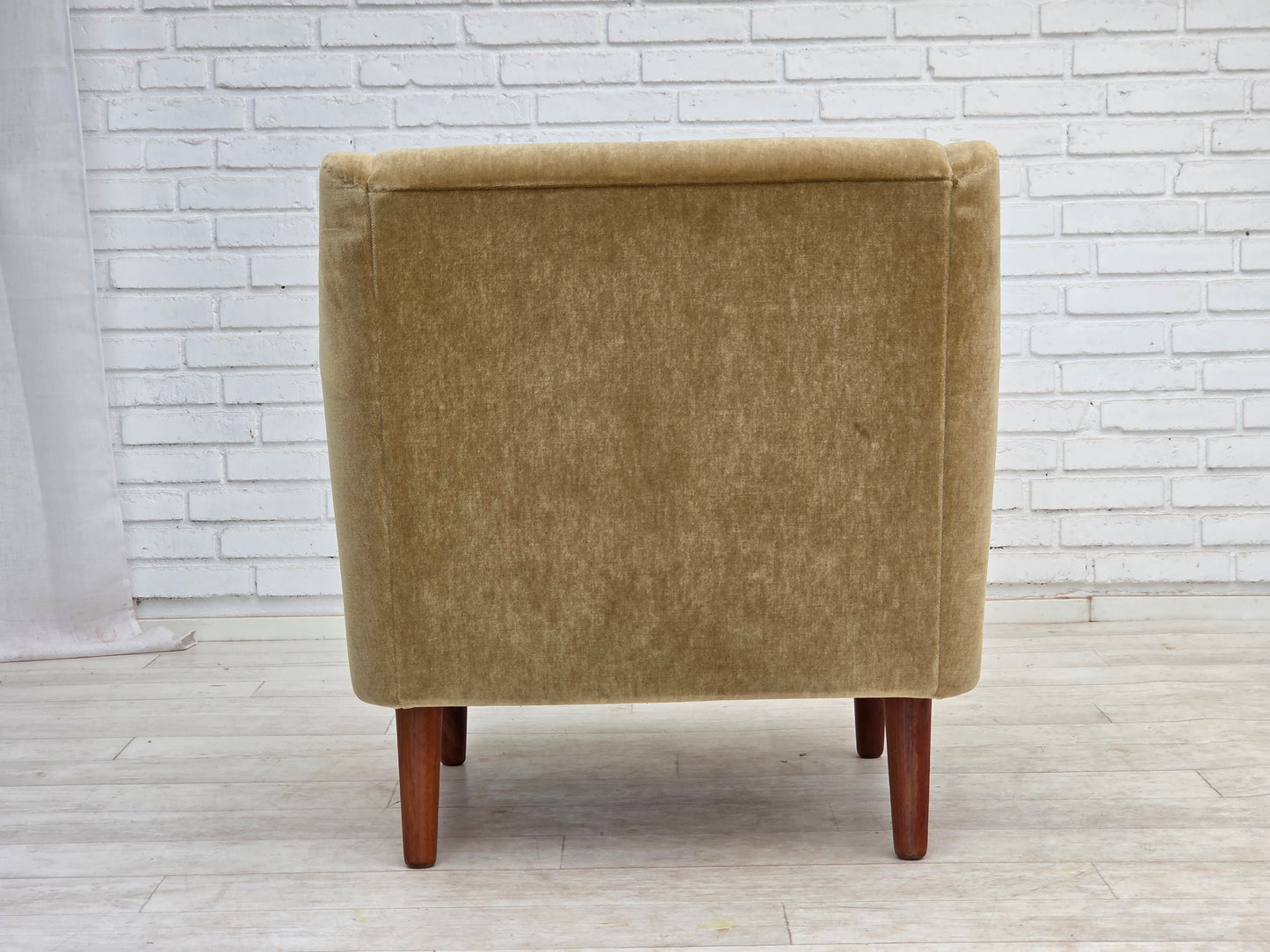 1970s, Danish armchair, original green furniture velour, teak wood legs.