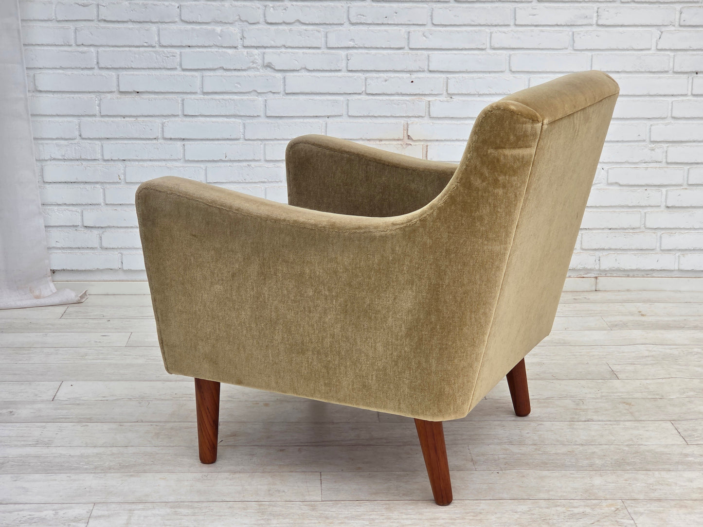 1970s, Danish armchair, original green furniture velour, teak wood legs.