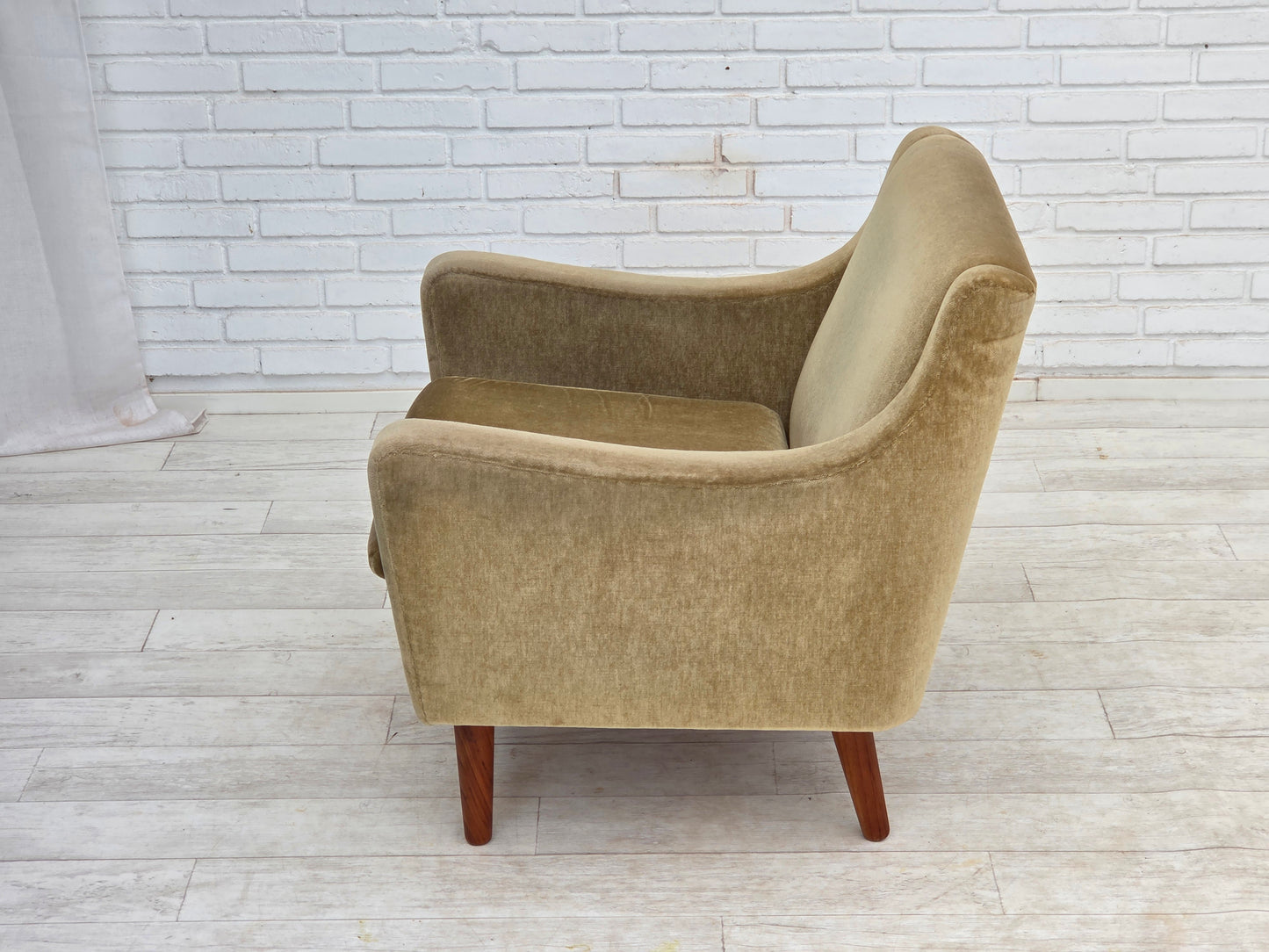 1970s, Danish armchair, original green furniture velour, teak wood legs.
