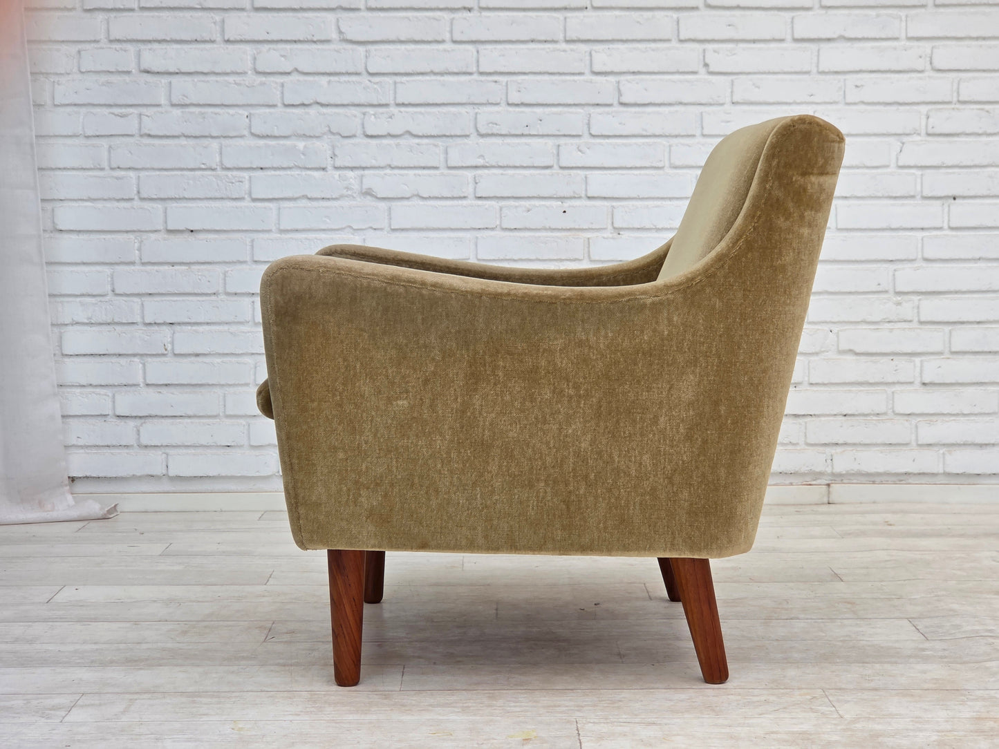1970s, Danish armchair, original green furniture velour, teak wood legs.