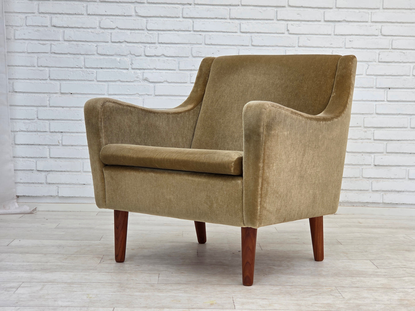 1970s, Danish armchair, original green furniture velour, teak wood legs.