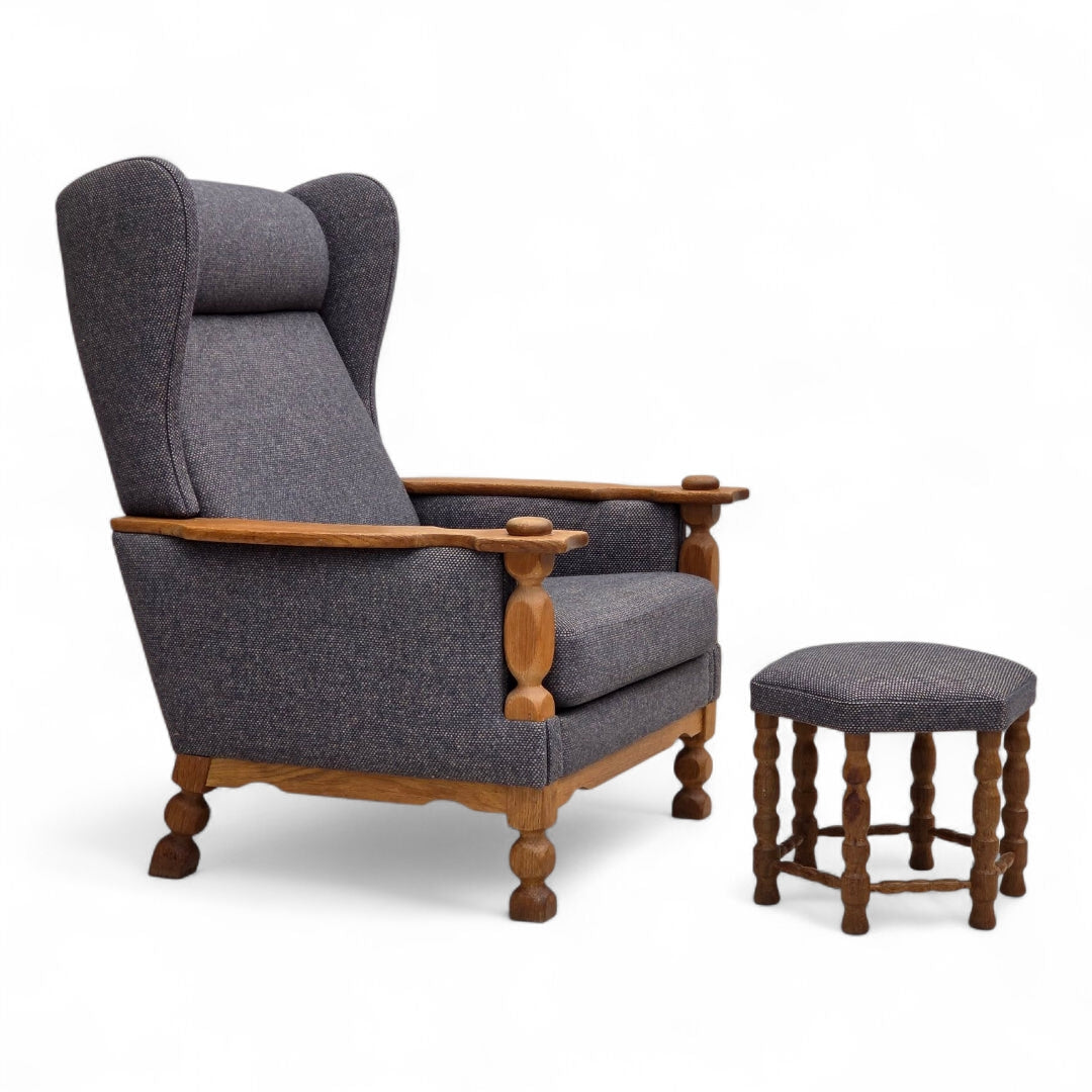 1970s, highback Danish armchair with footstool, furniture wool fabric, solid oak wood.