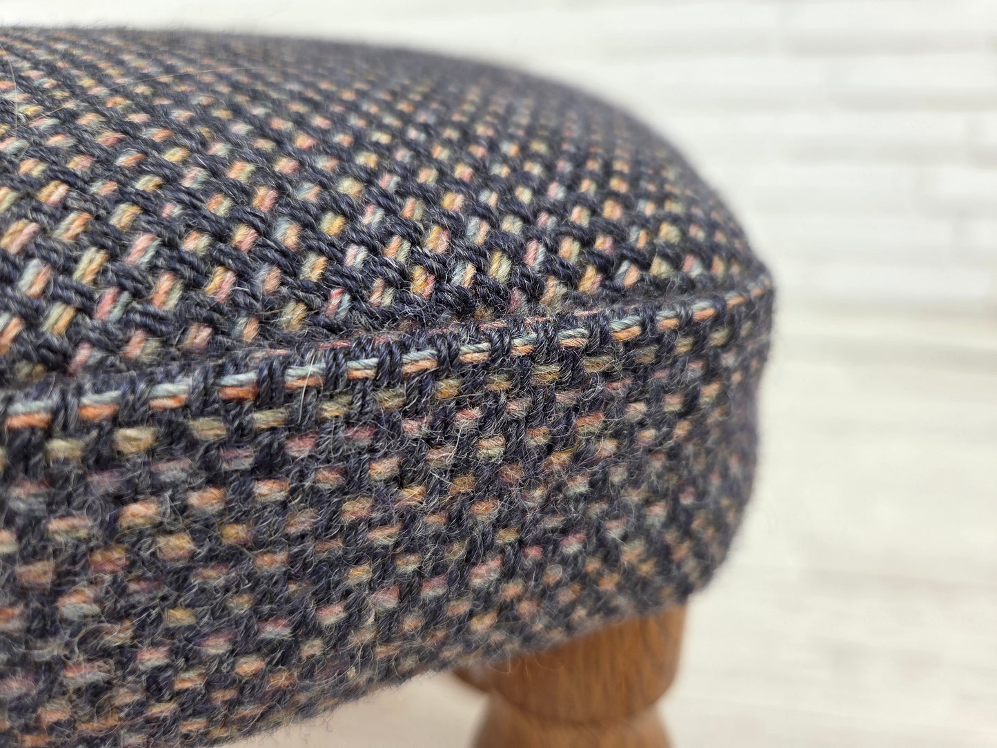 1970s, highback Danish armchair with footstool, furniture wool fabric, solid oak wood.