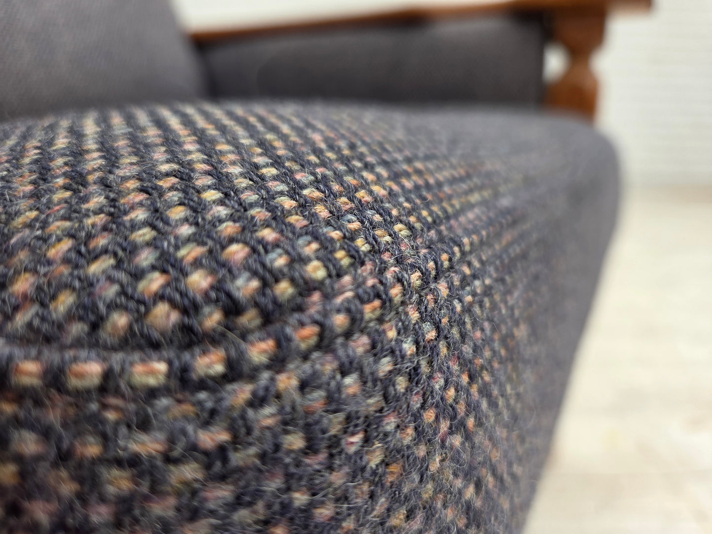 1970s, highback Danish armchair with footstool, furniture wool fabric, solid oak wood.