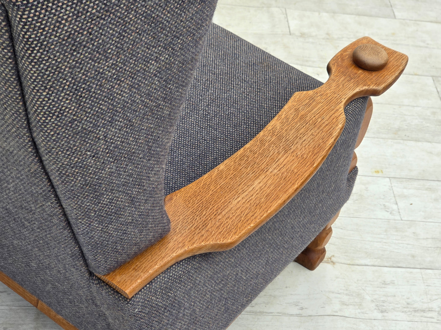 1970s, highback Danish armchair with footstool, furniture wool fabric, solid oak wood.