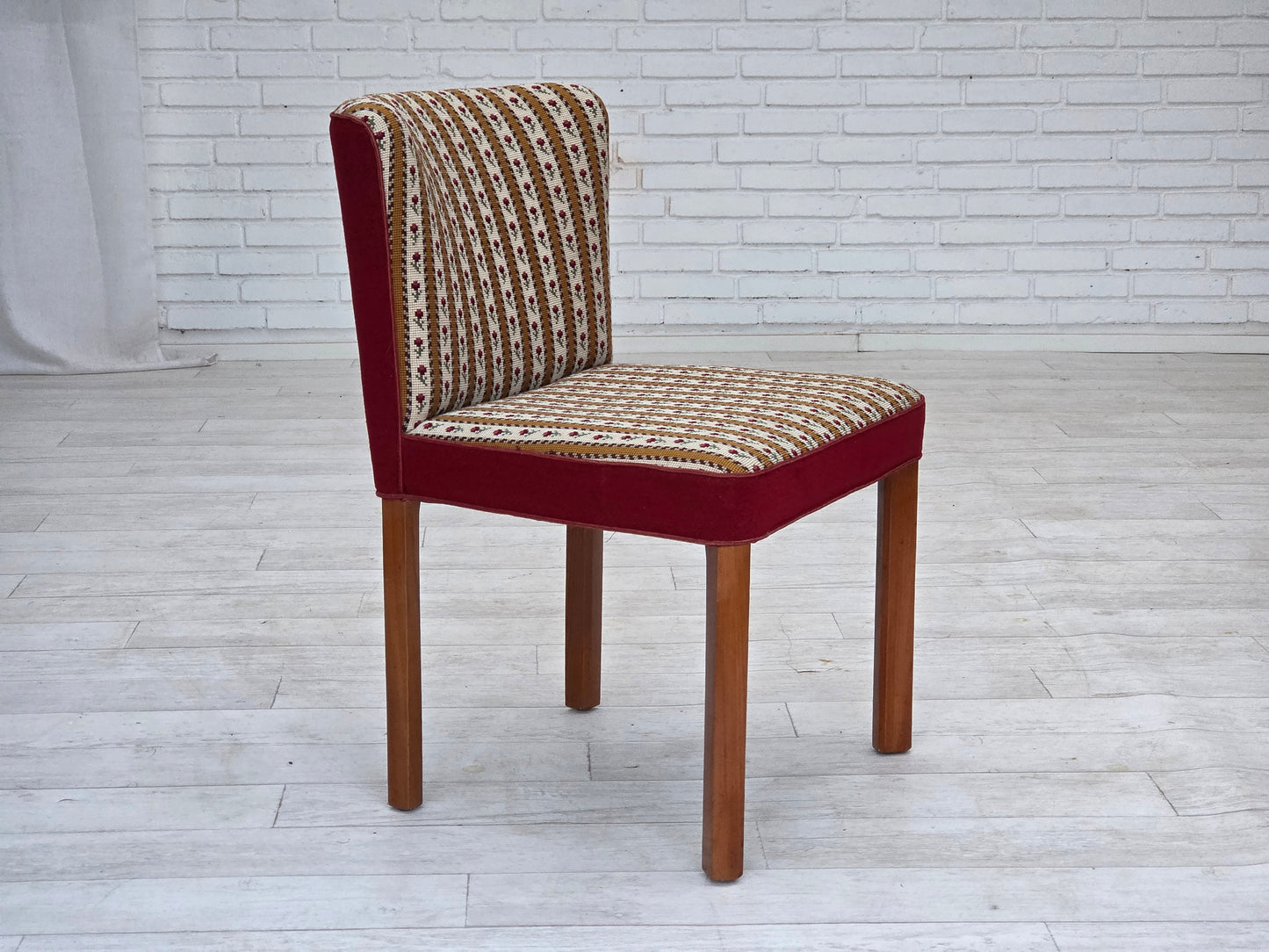 1960s, set of 2 Danish easy chairs, traditional Danish woven wool fabric, ash wood legs.