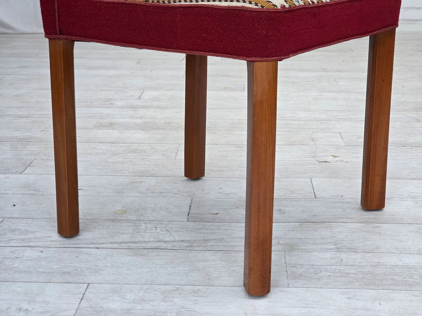 1960s, set of 2 Danish easy chairs, traditional Danish woven wool fabric, ash wood legs.