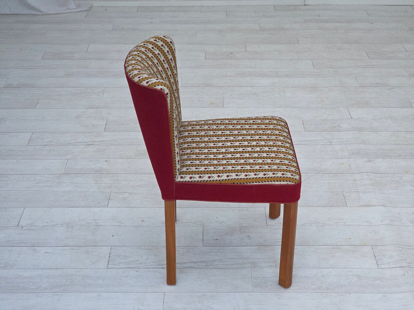 1960s, set of 2 Danish easy chairs, traditional Danish woven wool fabric, ash wood legs.