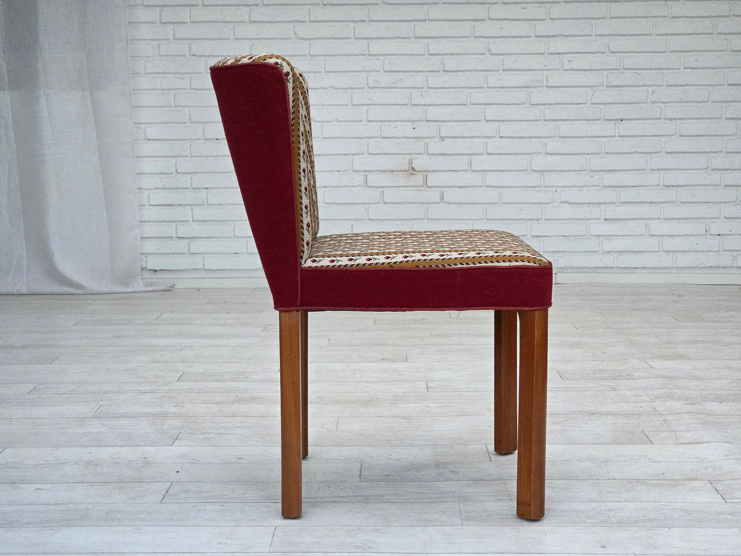 1960s, set of 2 Danish easy chairs, traditional Danish woven wool fabric, ash wood legs.