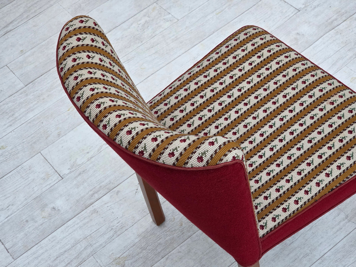 1960s, set of 2 Danish easy chairs, traditional Danish woven wool fabric, ash wood legs.