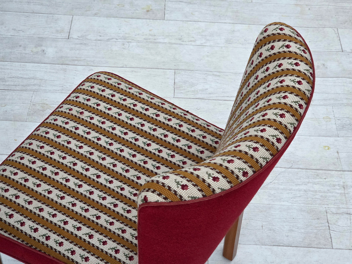 1960s, set of 2 Danish easy chairs, traditional Danish woven wool fabric, ash wood legs.