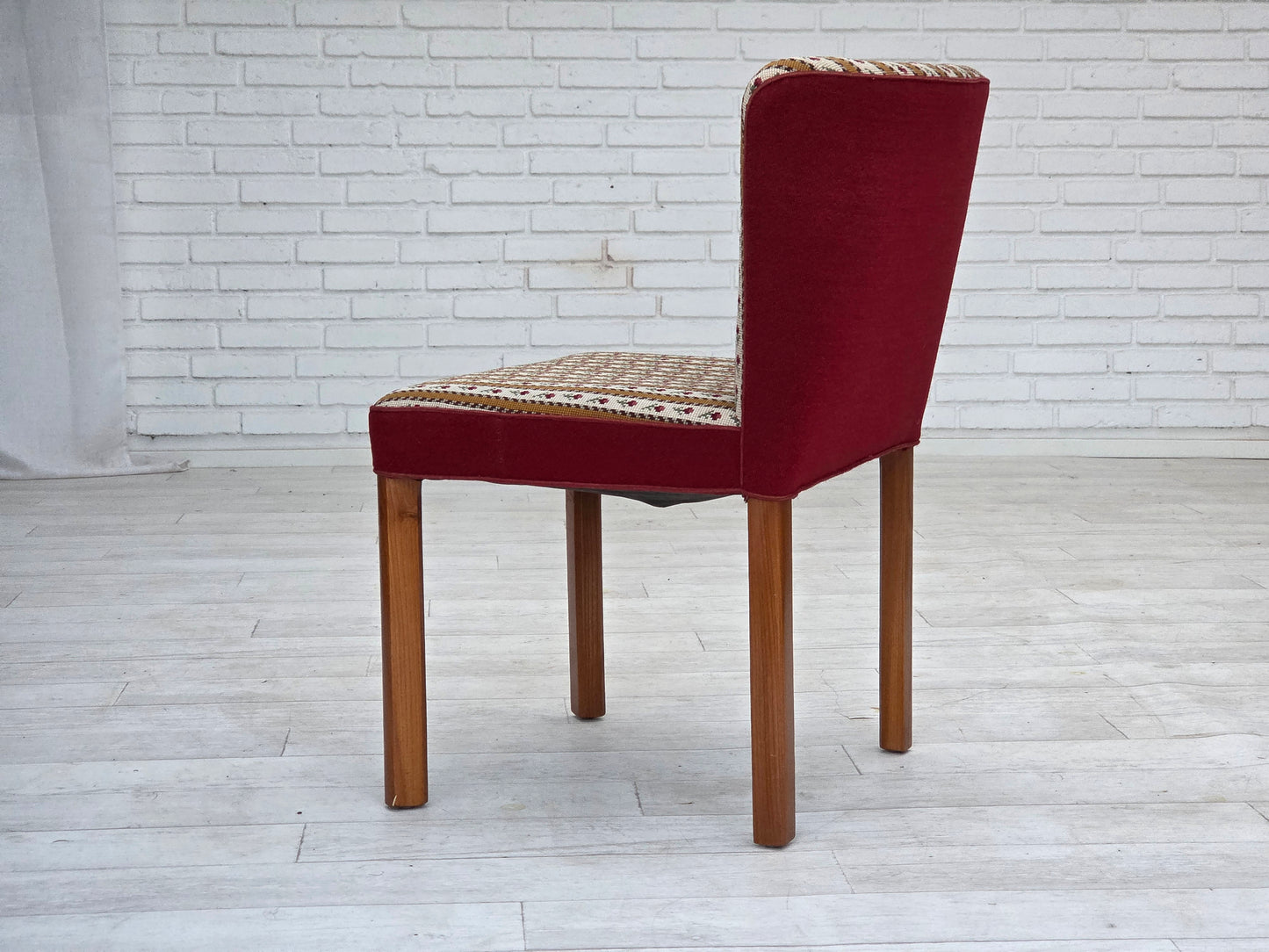 1960s, set of 2 Danish easy chairs, traditional Danish woven wool fabric, ash wood legs.
