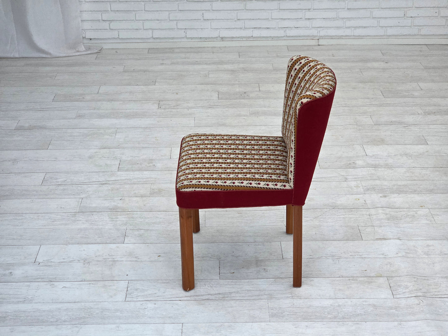 1960s, set of 2 Danish easy chairs, traditional Danish woven wool fabric, ash wood legs.
