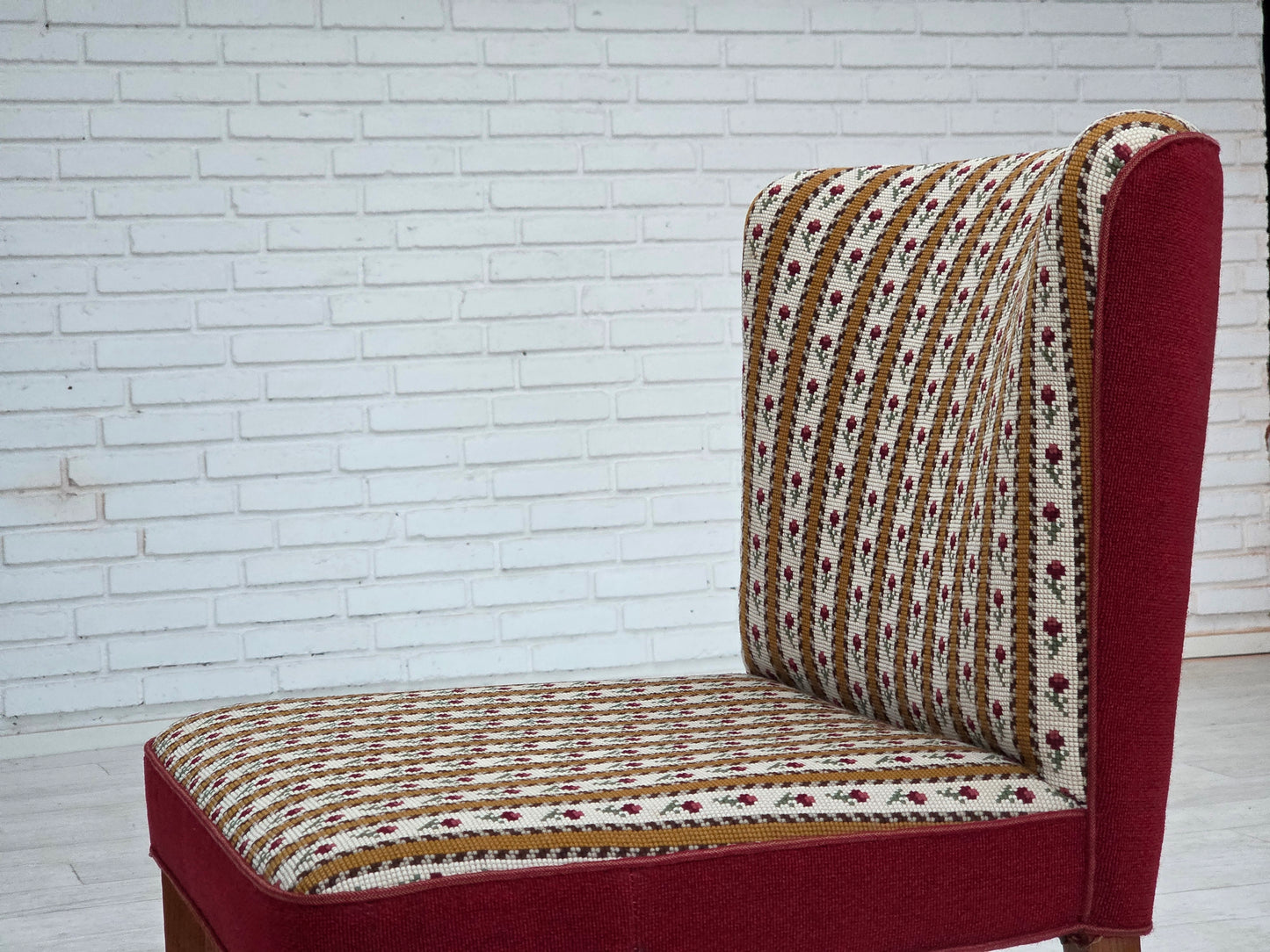 1960s, set of 2 Danish easy chairs, traditional Danish woven wool fabric, ash wood legs.