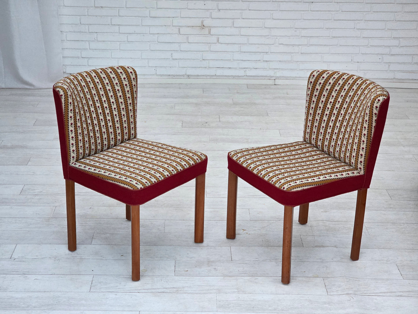 1960s, set of 2 Danish easy chairs, traditional Danish woven wool fabric, ash wood legs.