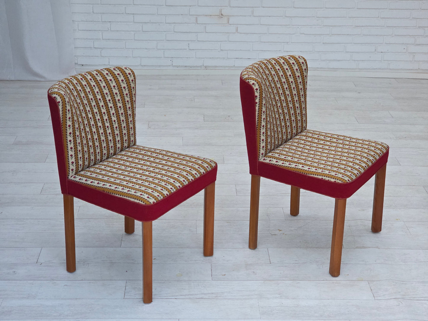 1960s, set of 2 Danish easy chairs, traditional Danish woven wool fabric, ash wood legs.
