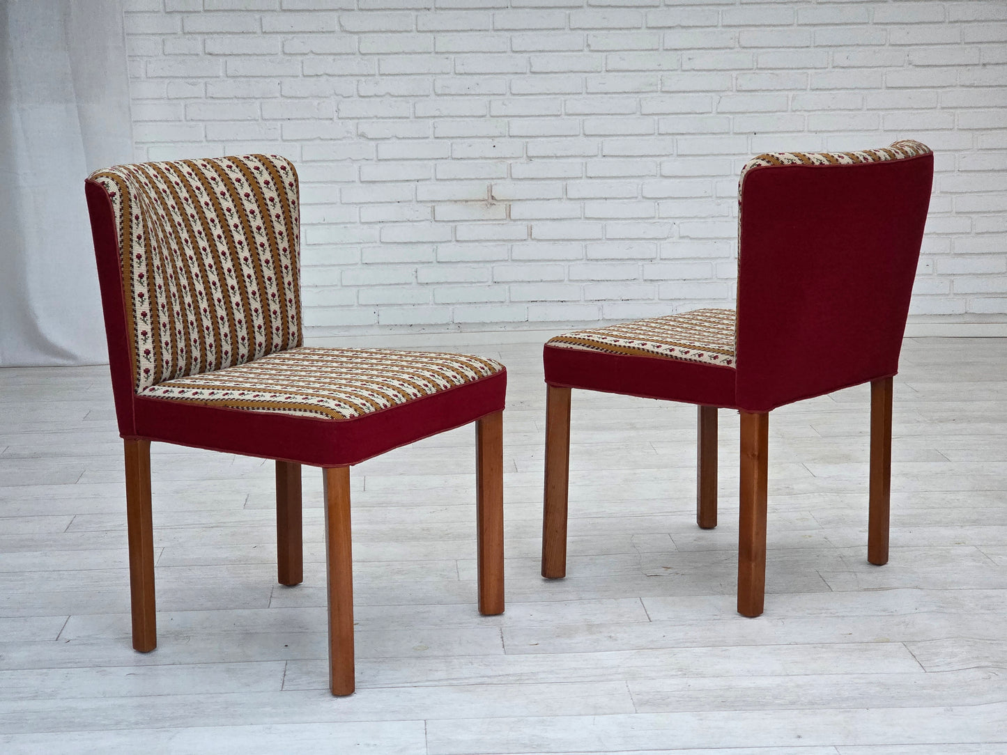 1960s, set of 2 Danish easy chairs, traditional Danish woven wool fabric, ash wood legs.