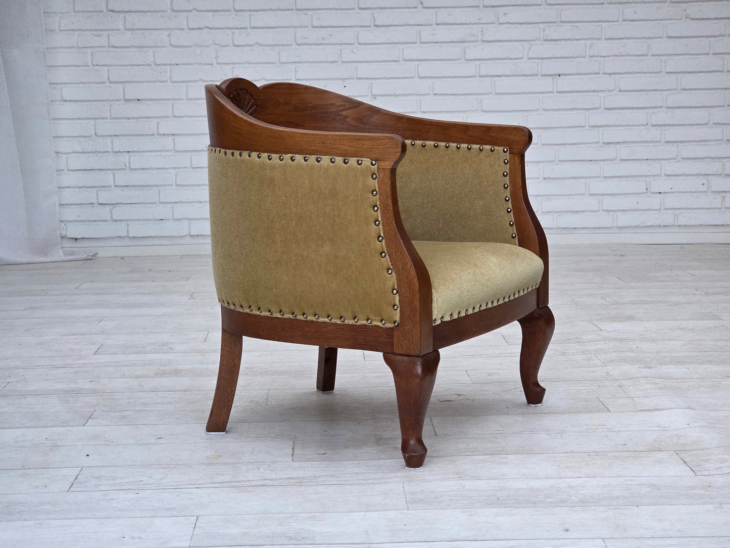 1960s, Danish side/children's armchair, light green furniture velour, oak wood.