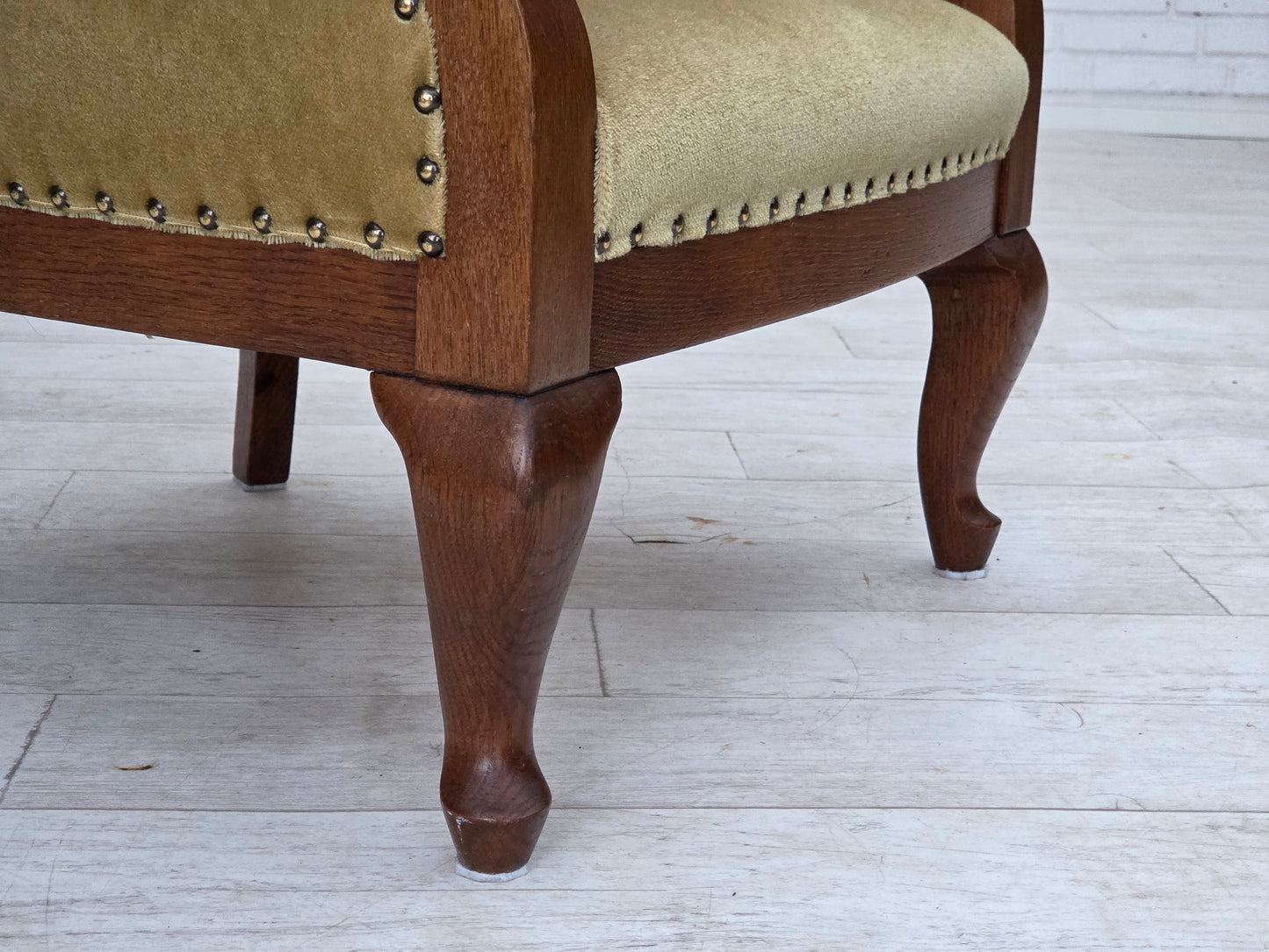 1960s, Danish side/children's armchair, light green furniture velour, oak wood.