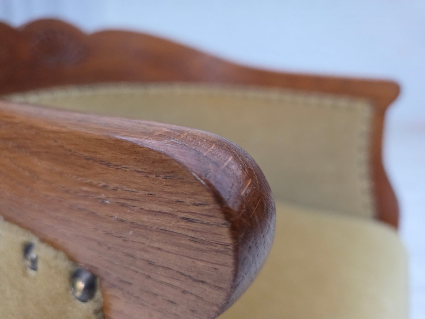 1960s, Danish side/children's armchair, light green furniture velour, oak wood.