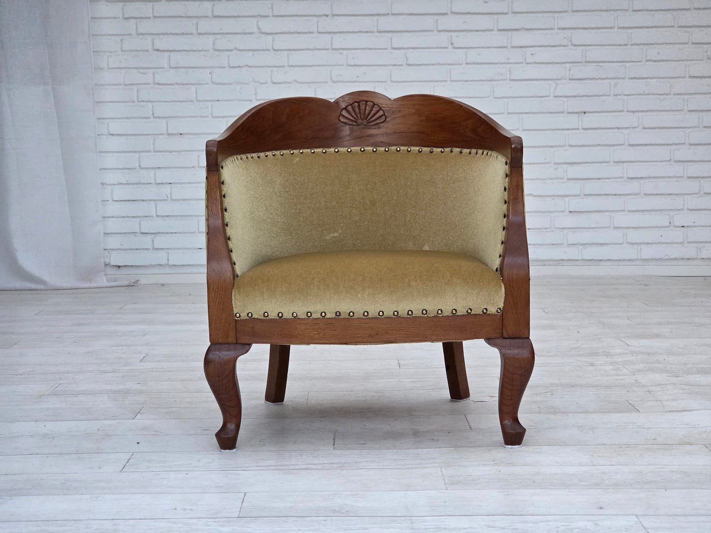 1960s, Danish side/children's armchair, light green furniture velour, oak wood.