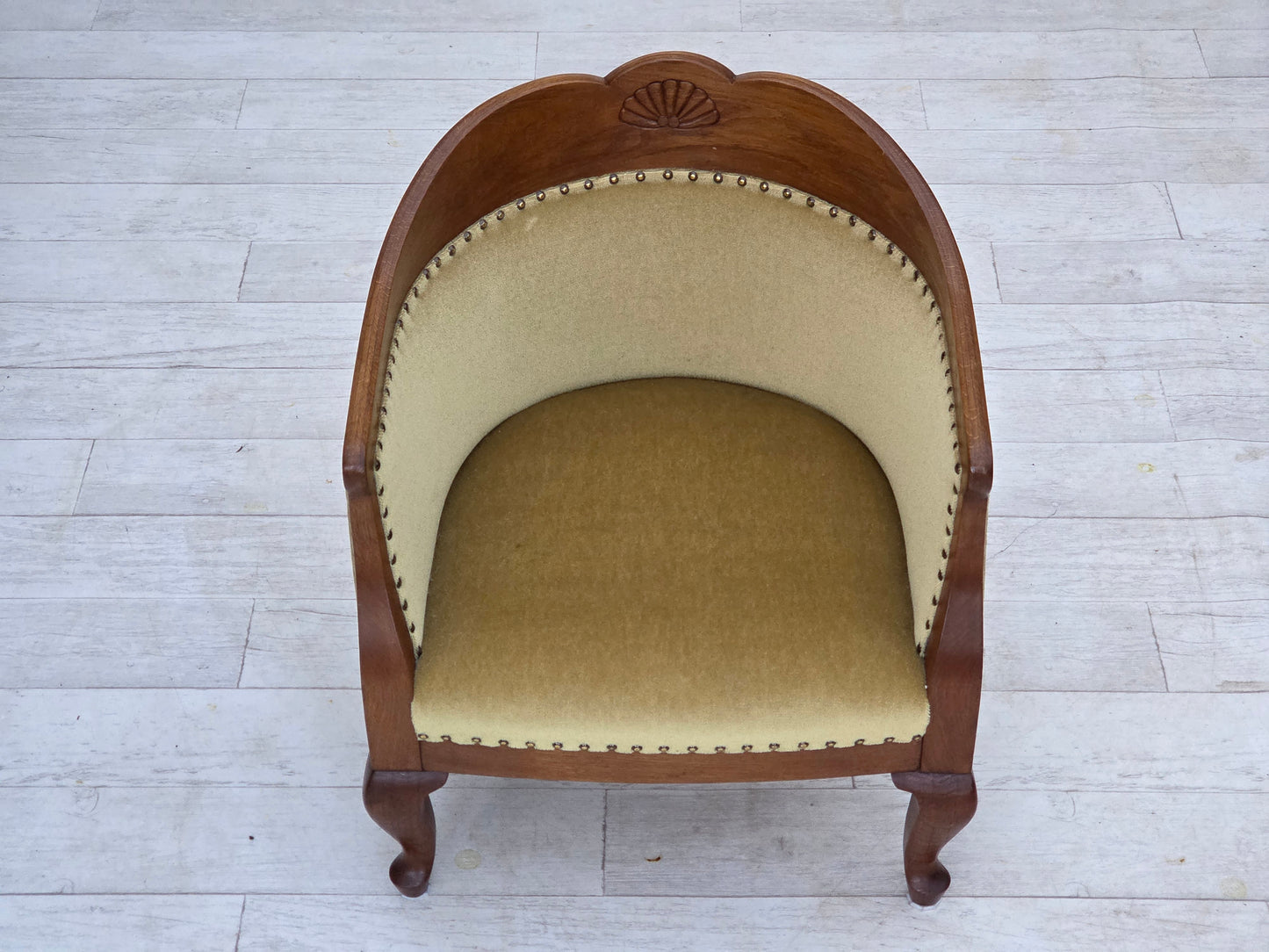 1960s, Danish side/children's armchair, light green furniture velour, oak wood.
