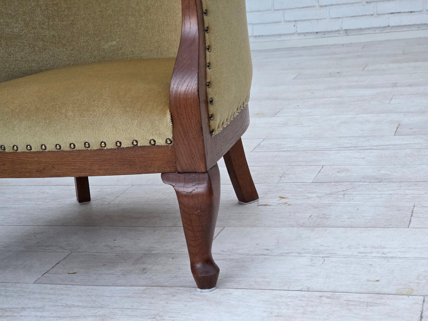 1960s, Danish side/children's armchair, light green furniture velour, oak wood.