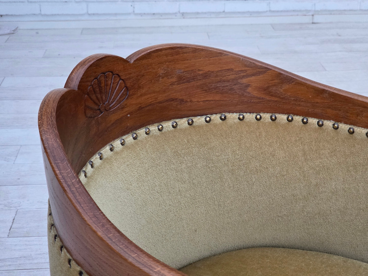 1960s, Danish side/children's armchair, light green furniture velour, oak wood.