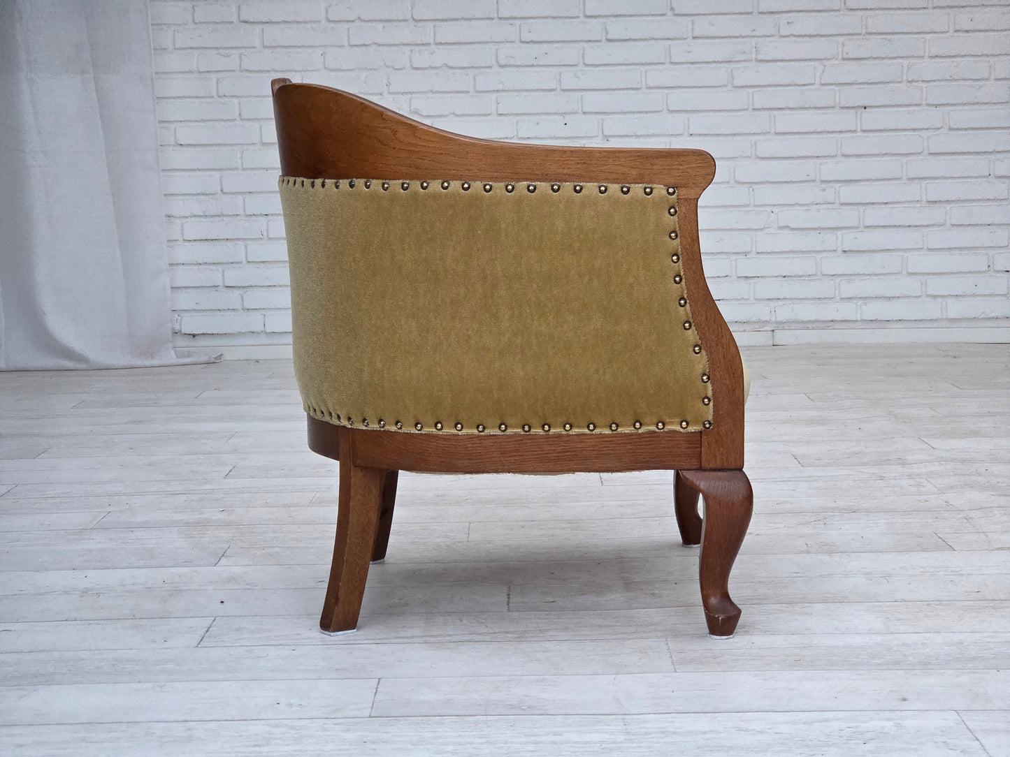 1960s, Danish side/children's armchair, light green furniture velour, oak wood.